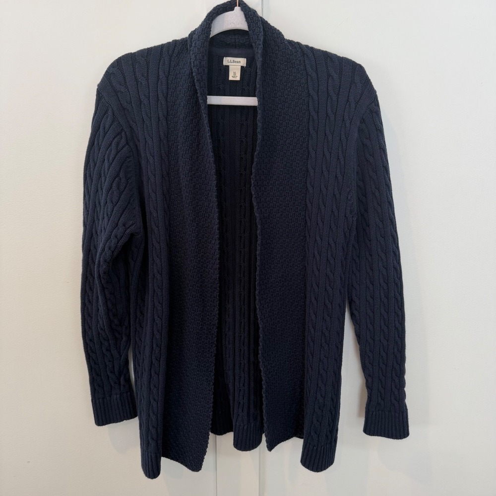 Lands' End Women's Cardigan Sweater Blue Cable Knit Open Front 100% Cotton XL
